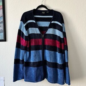 Erika Chenille Striped Zip-Up Cardigan Sweater Navy Blue Burgundy Plus Size 3X
